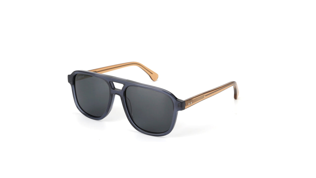 A pair of aviator-style sunglasses with a dark navy blue frame, dark gray lenses, and light brown wooden temples, shown on a plain white background.