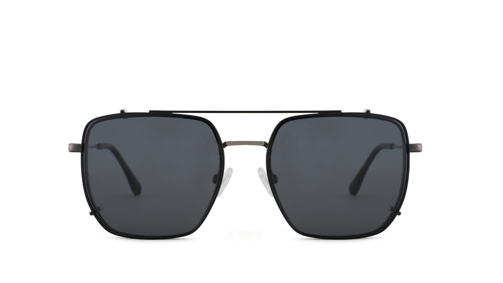 A pair of modern square aviator-style sunglasses with a matte black frame, double bridge, and dark gray lenses, shown against a plain white background.