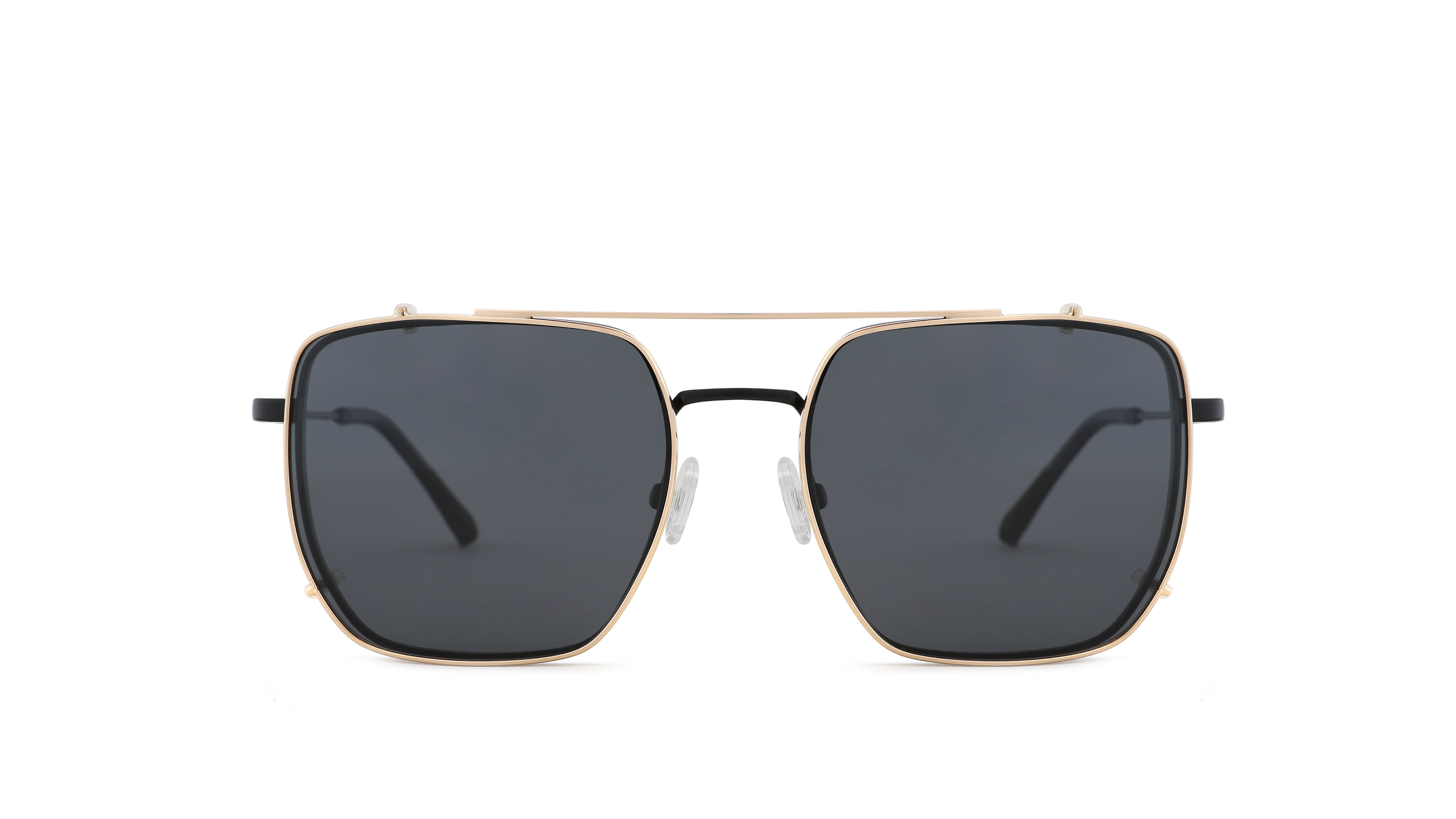 A pair of square aviator-style sunglasses with a thin gold metal frame, black double bridge, and dark gray lenses, shown against a plain white background.
