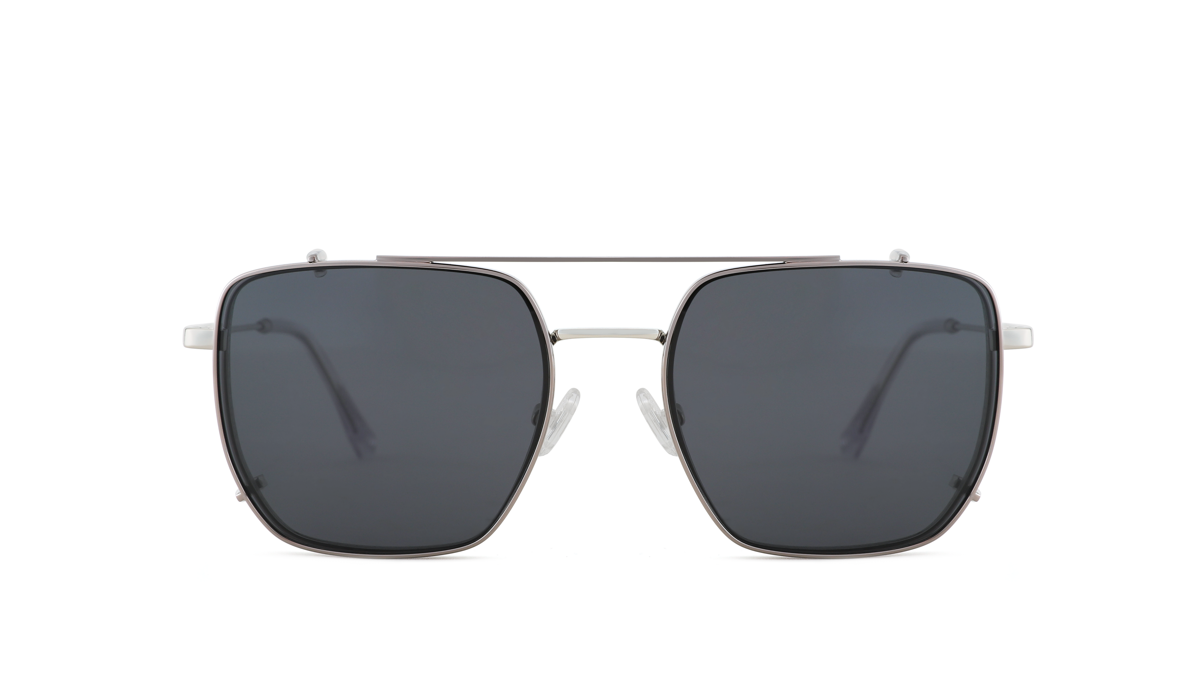 A pair of square aviator-style sunglasses with a thin silver metal frame and dark gray lenses, shown against a plain white background.