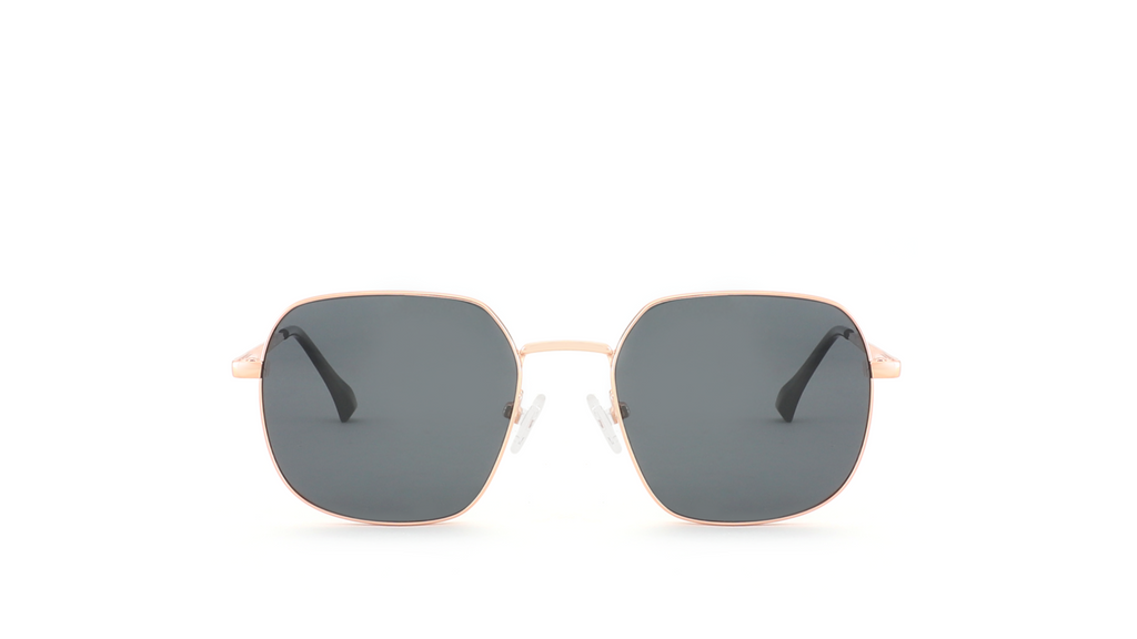 A pair of square-frame sunglasses with dark gray lenses and a thin rose gold metal frame, centered on a solid white background.