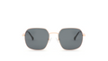 A pair of square-frame sunglasses with dark gray lenses and a thin rose gold metal frame, centered on a solid white background.