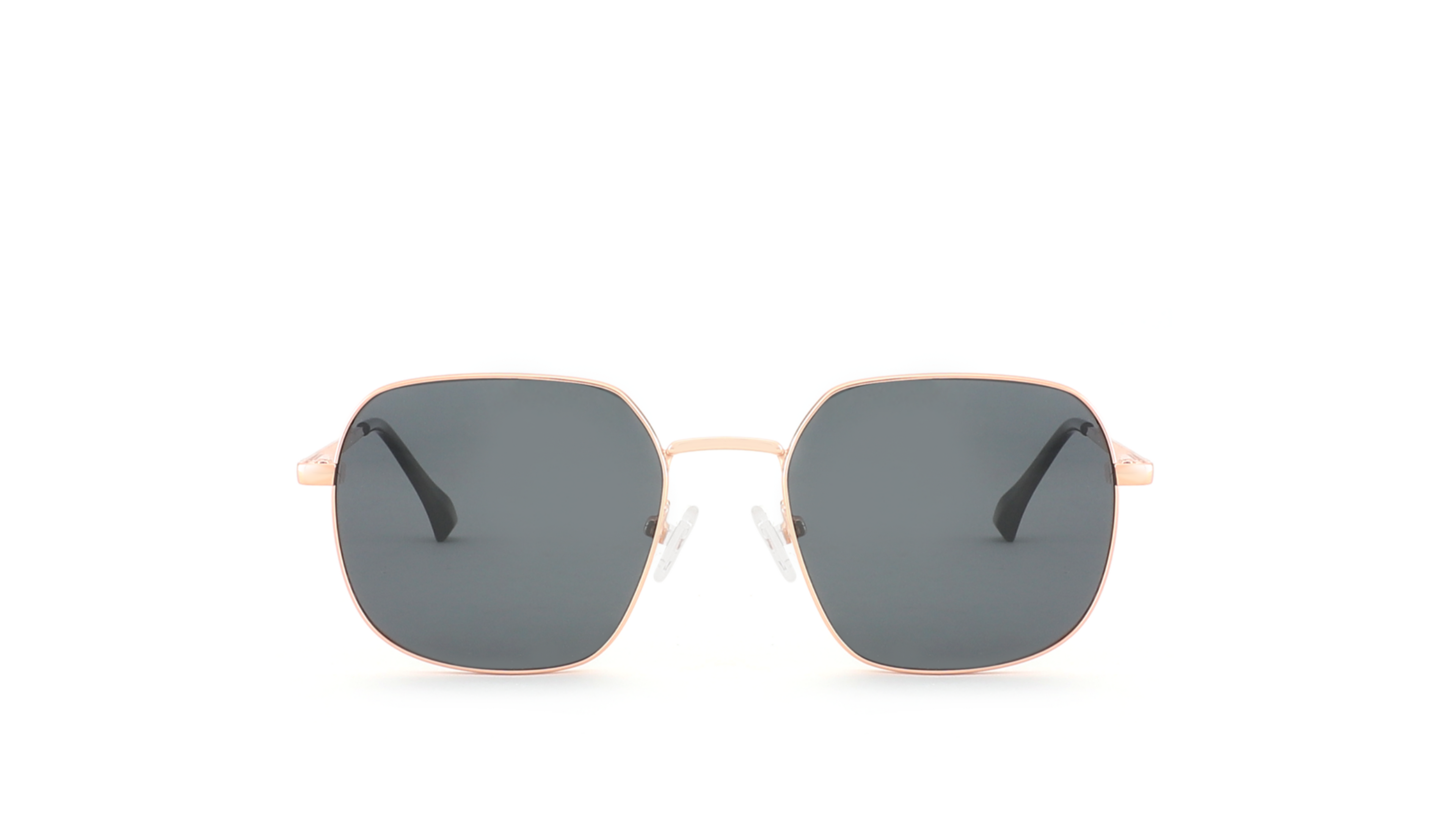 A pair of square-frame sunglasses with dark gray lenses and a thin rose gold metal frame, centered on a solid white background.