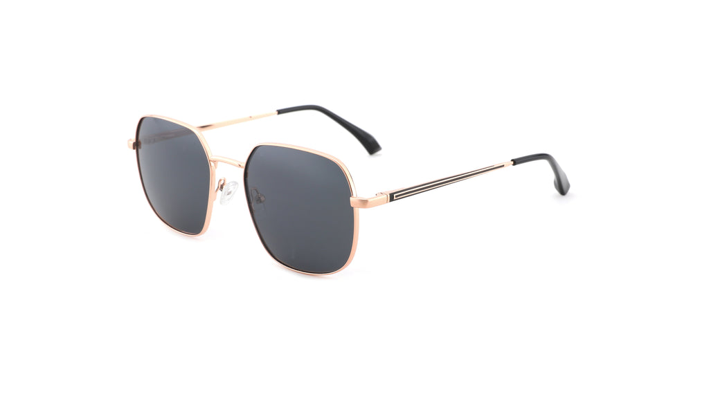 A pair of square aviator-style sunglasses with a thin rose gold metal frame and dark gray lenses, shown on a plain white background.