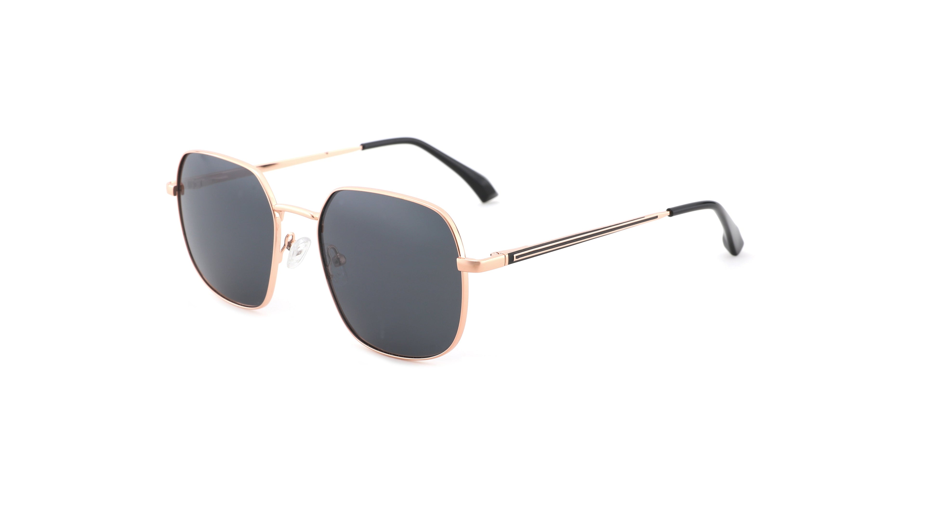 A pair of square aviator-style sunglasses with a thin rose gold metal frame and dark gray lenses, shown on a plain white background.