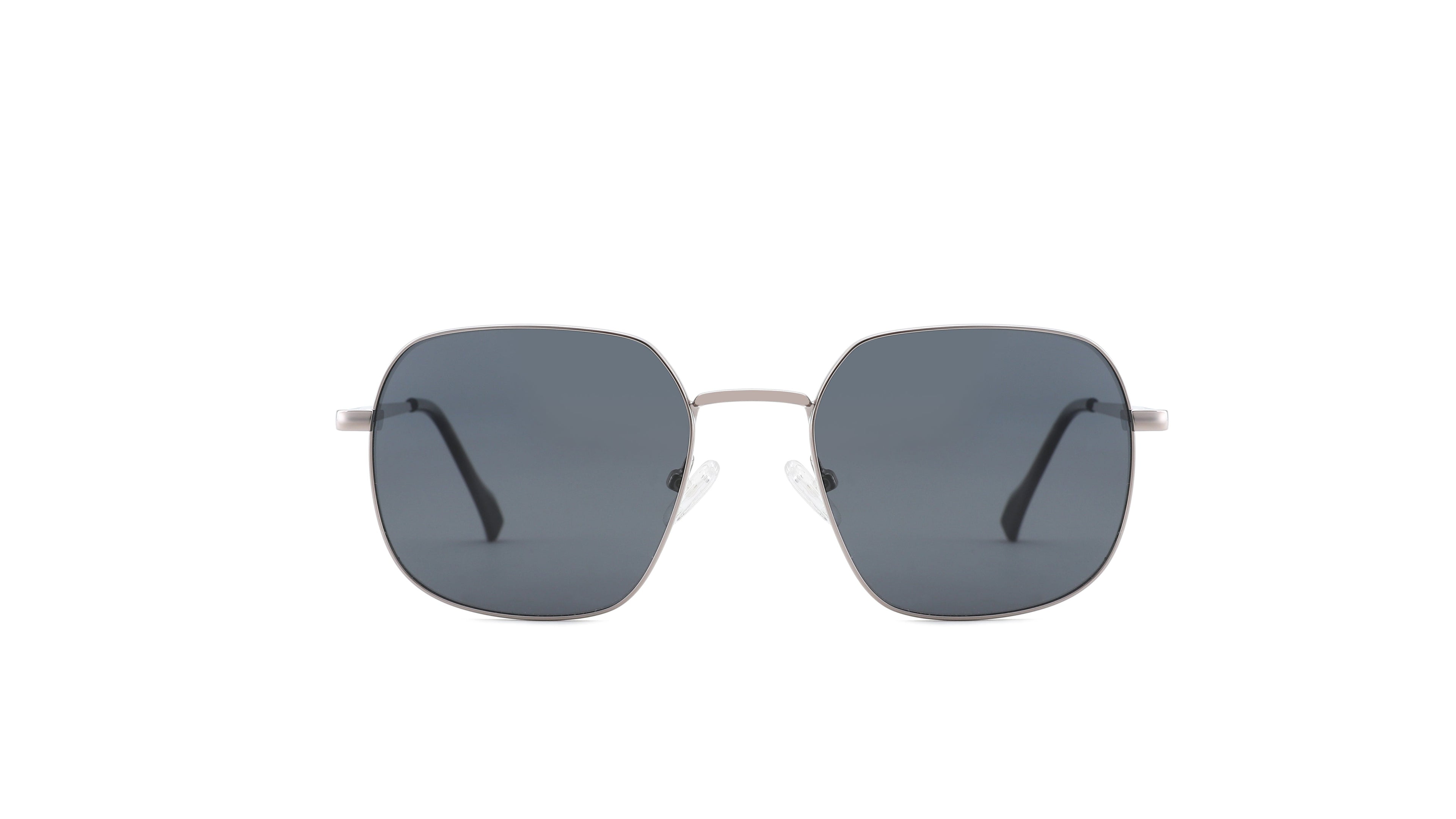 A pair of square-frame sunglasses with dark gray lenses and a thin silver metal frame, shown against a plain white background.