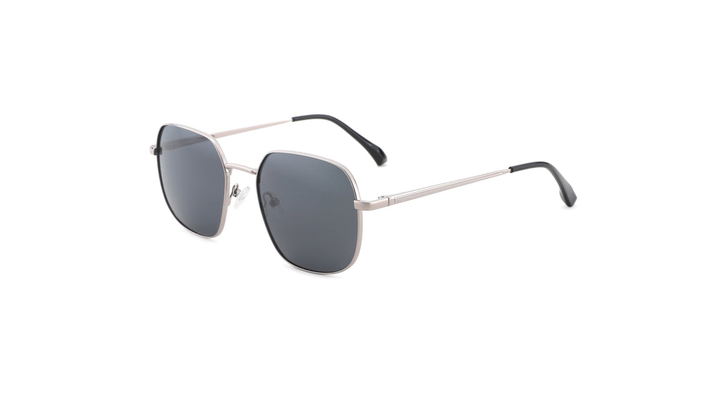 A pair of square aviator-style sunglasses with a thin silver-tone metal frame and dark gray lenses, shown from a three-quarters angle on a solid white background.