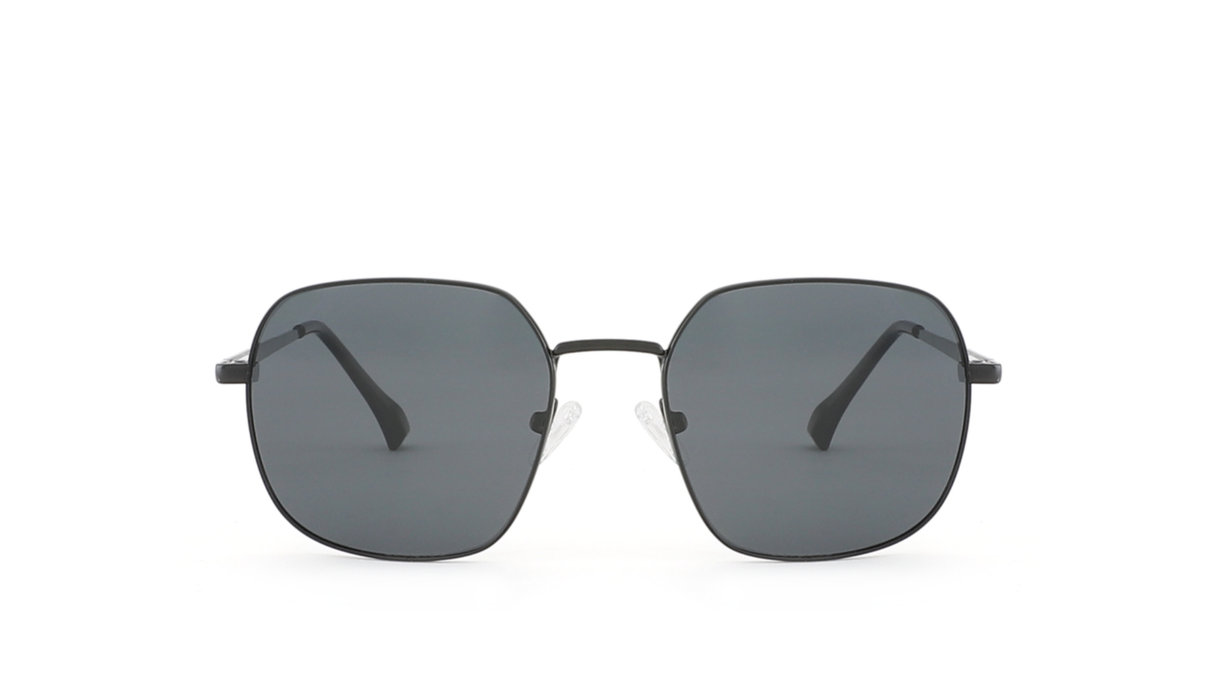 A pair of square-frame sunglasses with dark gray lenses and thin metal arms, centered on a plain white background.