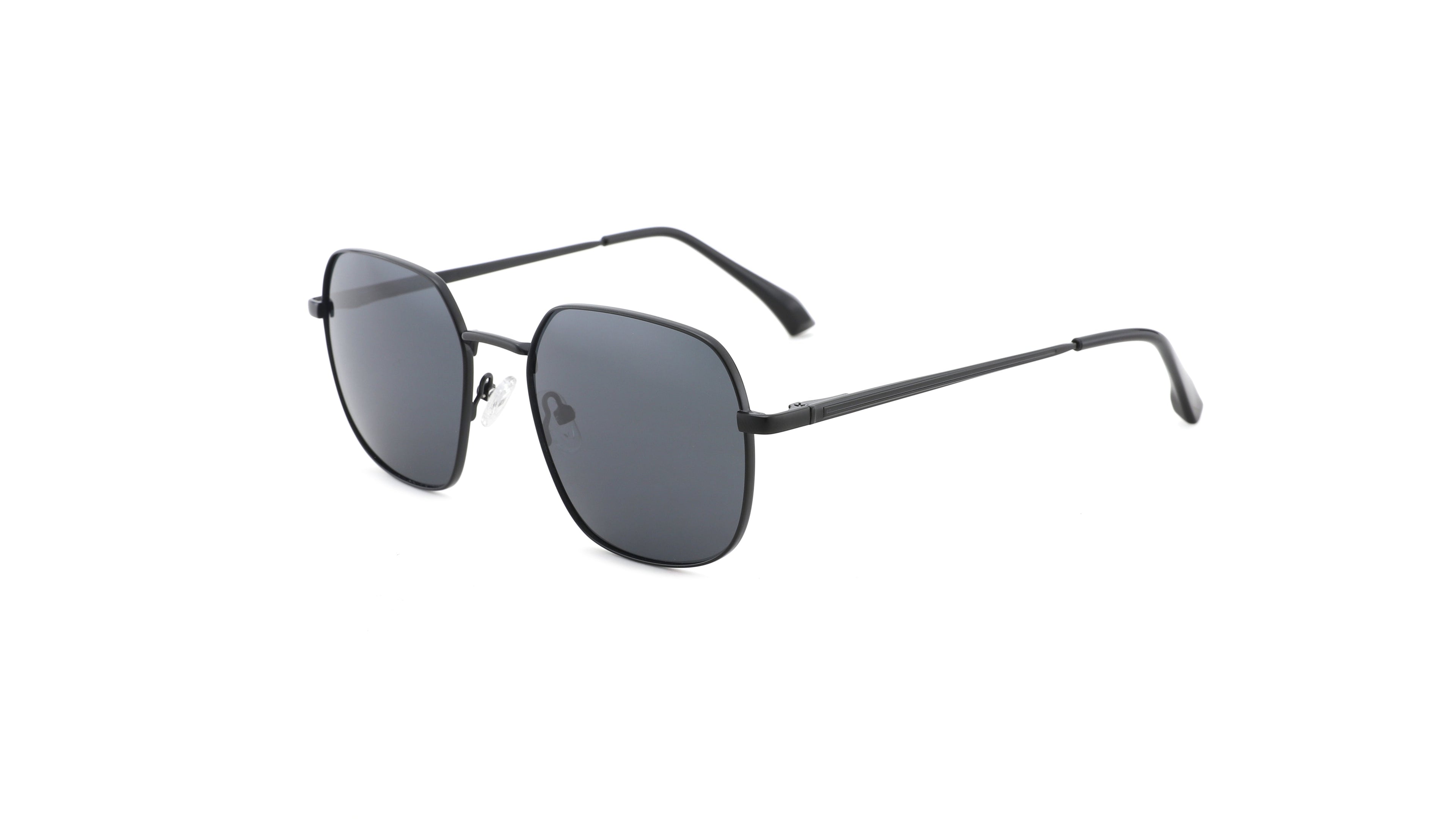 A pair of matte black square aviator-style sunglasses with dark gray lenses, shown from a three-quarters angle on a solid white background.