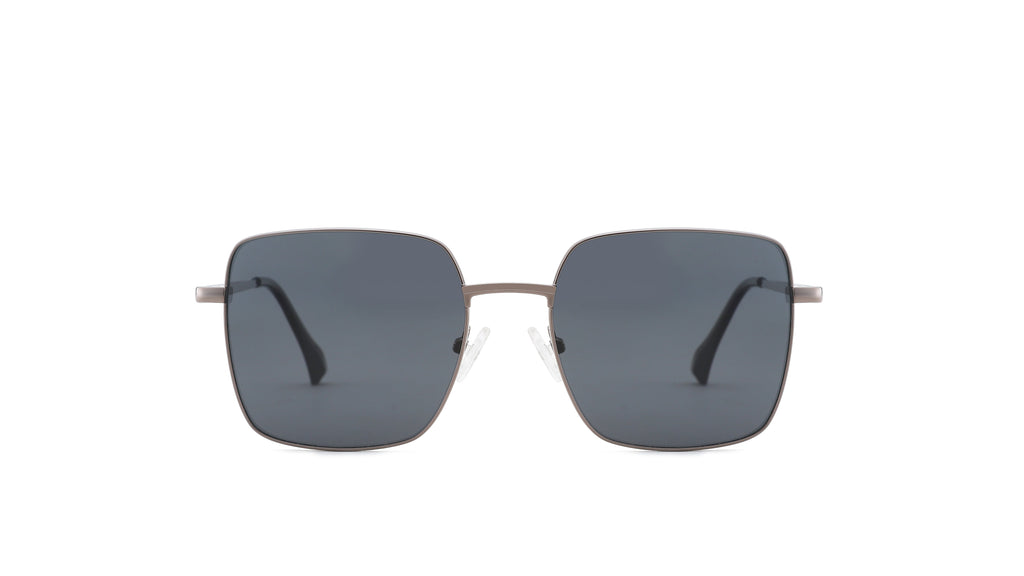 A pair of square metal-framed sunglasses with dark gray lenses, shown against a plain white background.