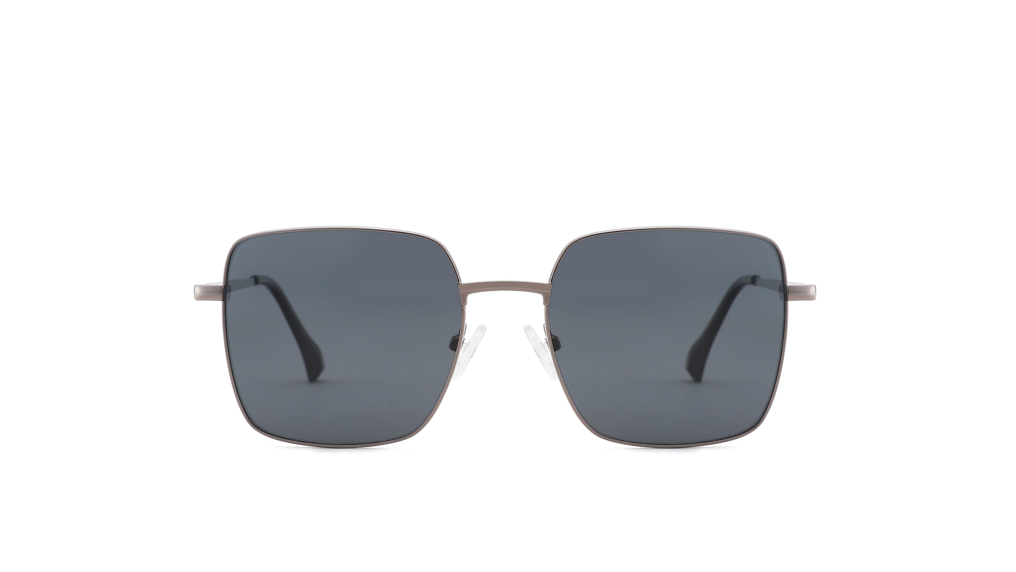 A pair of square metal-framed sunglasses with dark gray lenses, shown against a plain white background.