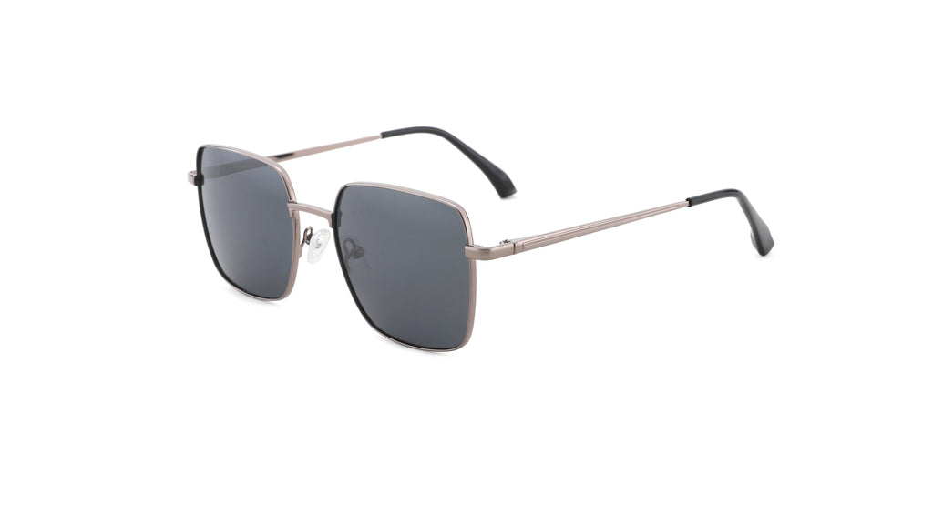 A pair of square aviator-style sunglasses with a thin metallic frame and dark gray lenses, shown on a plain white background.
