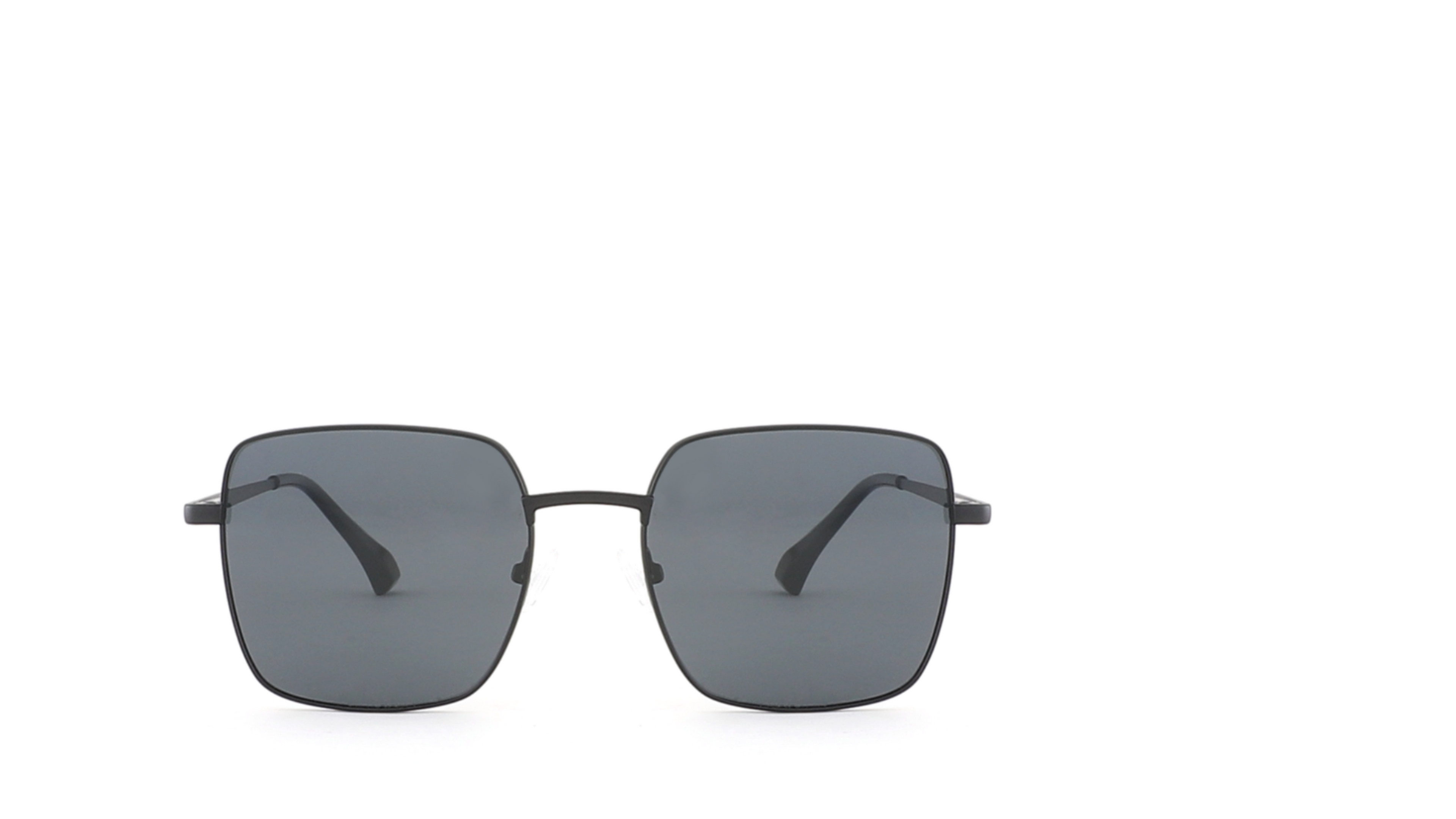 A pair of square-frame sunglasses with dark gray lenses and thin black metal rims, centered on a plain white background.