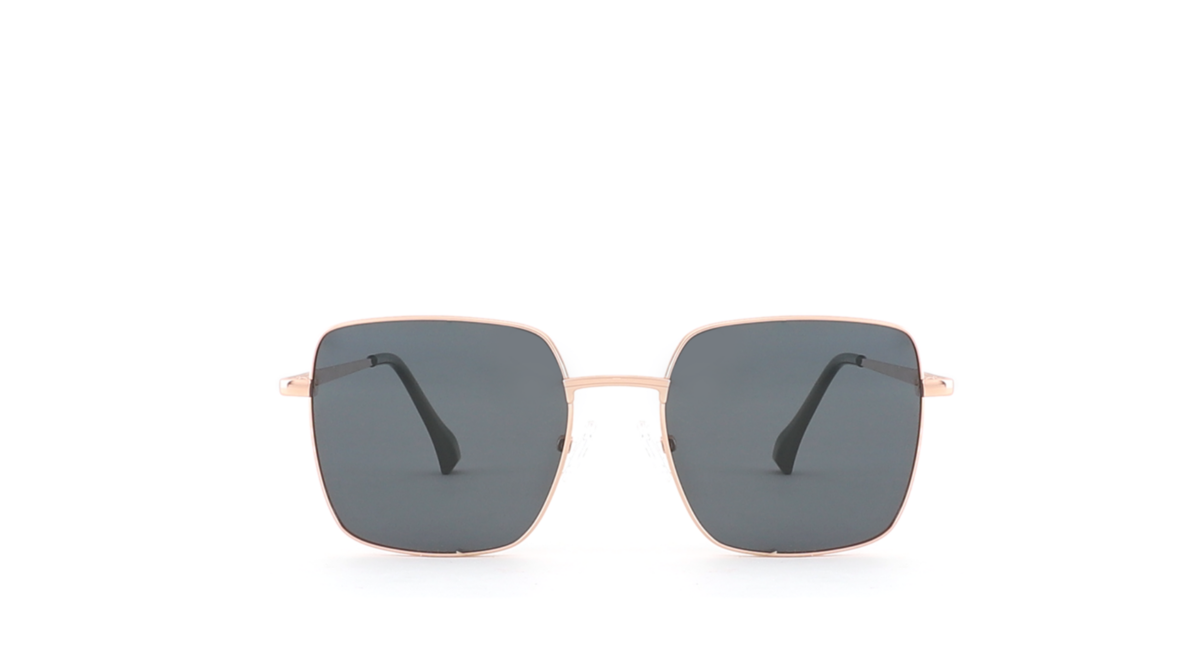 A pair of square-frame sunglasses with dark gray lenses and thin copper-toned metal rims, centered on a solid white background.