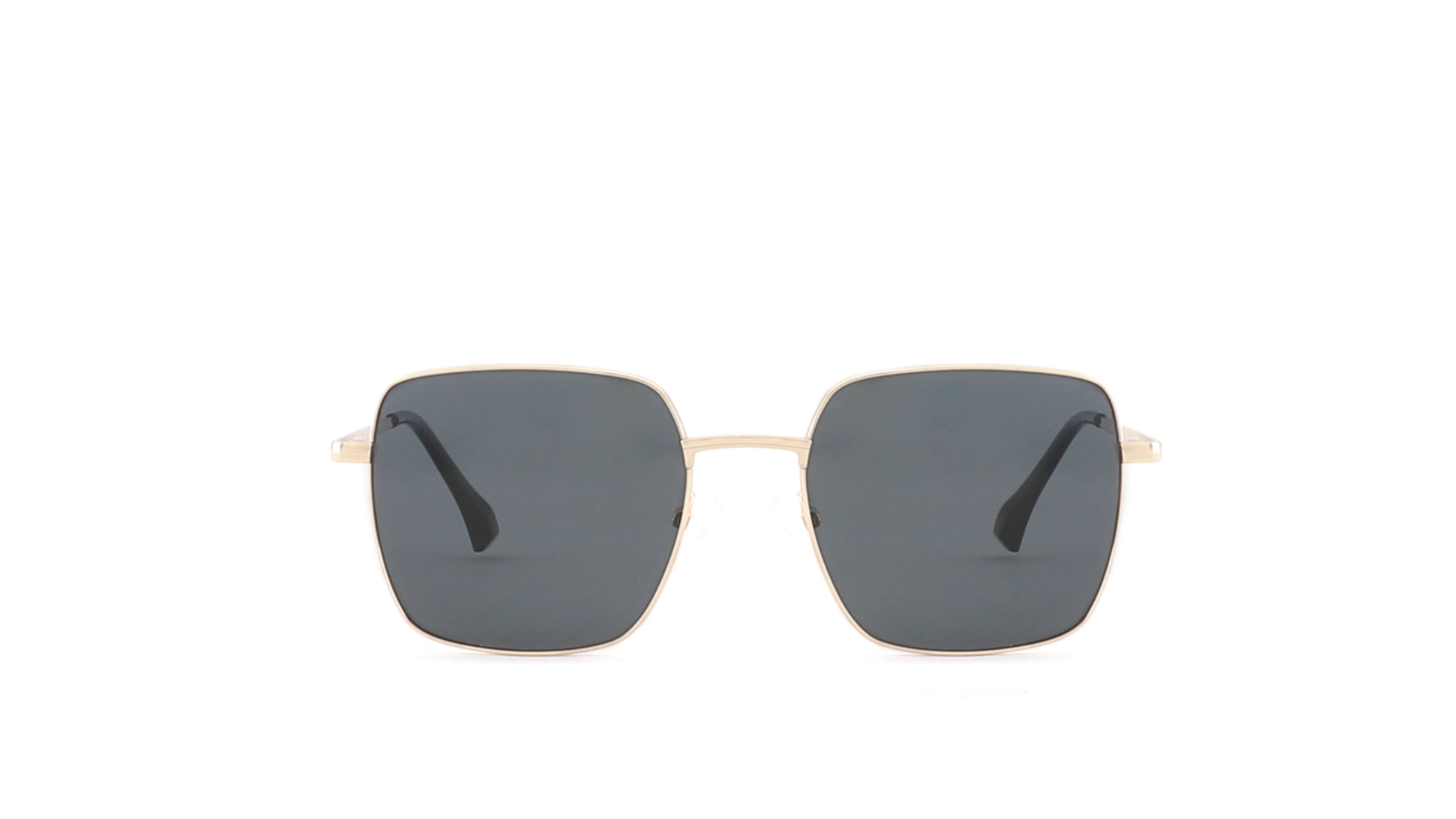 A pair of square-frame sunglasses with dark gray lenses and thin gold metal rims, centered on a plain white background.