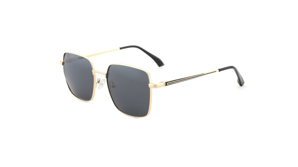 A pair of square aviator-style sunglasses with a gold metal frame and dark gray lenses, shown from a three-quarters angle on a solid white background.