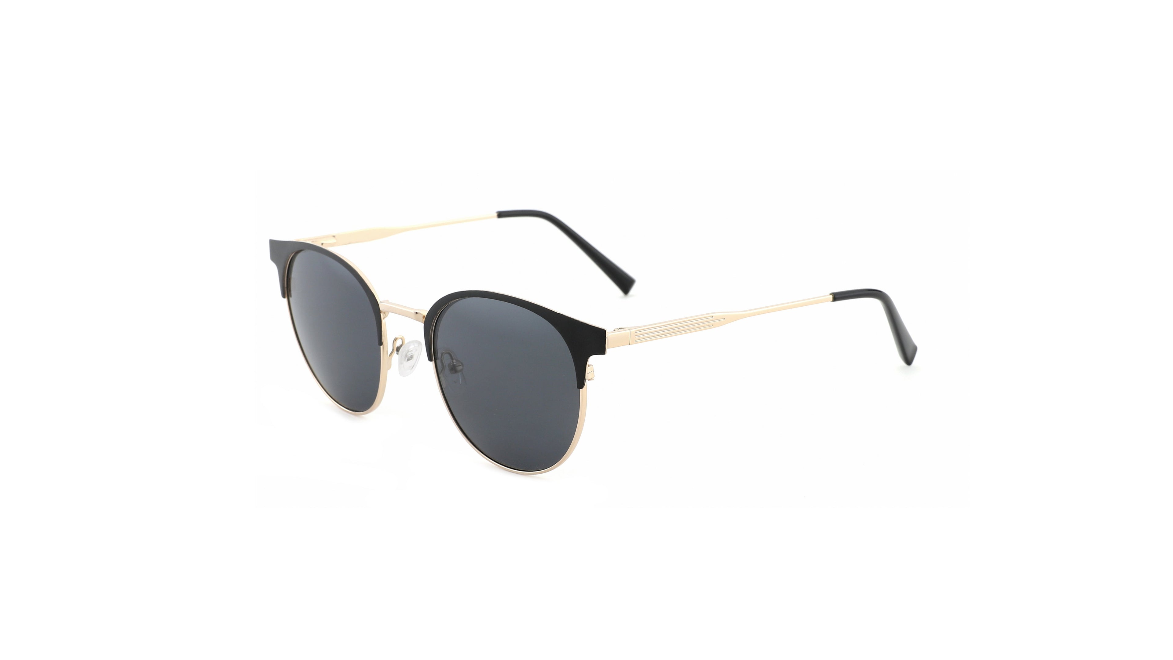 Oval sunglasses with black acetate frames, gold metal rims, dark gray lenses, and gold-tone temples with black tips, shown on a plain white background.