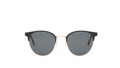 A pair of classic round-frame sunglasses with dark gray lenses and thin gold metal rims, centered on a plain white background.