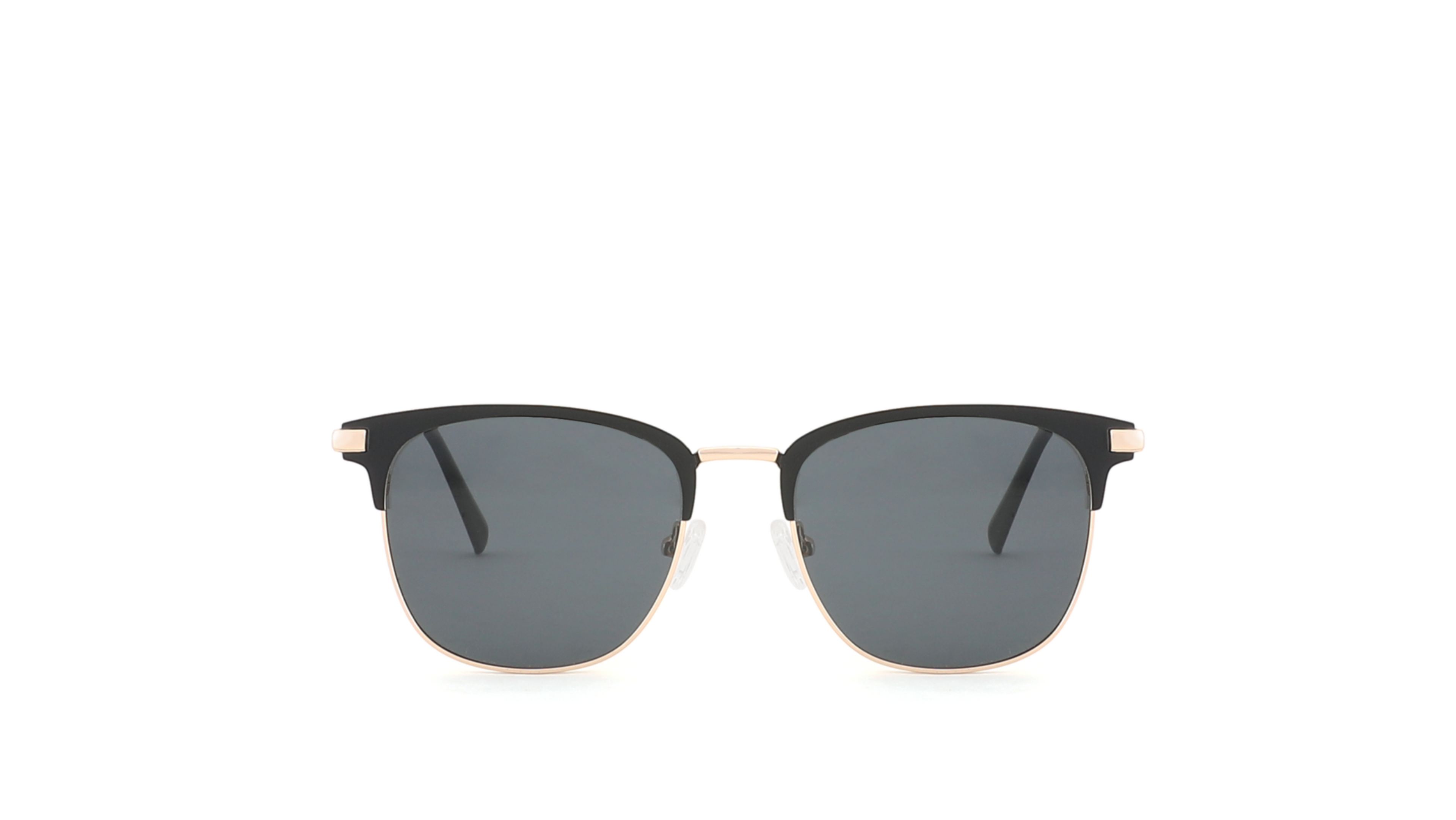 A pair of classic half-relief sunglasses with dark gray lenses and a thin black metal frame, centered on a solid white background.