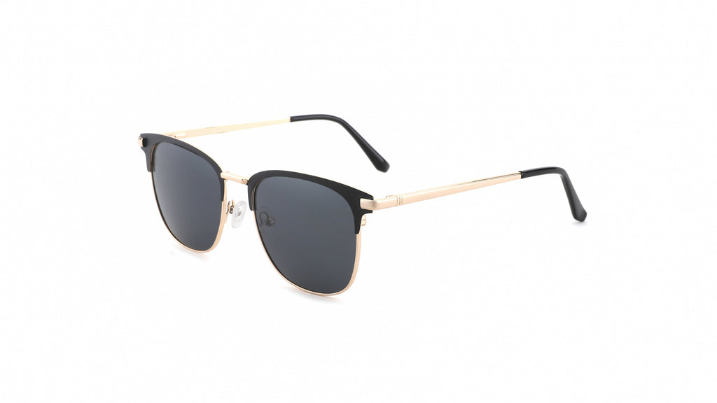A pair of semi-rimless sunglasses with dark gray lenses, black front frames, and gold metal temples, shown on a plain white background.