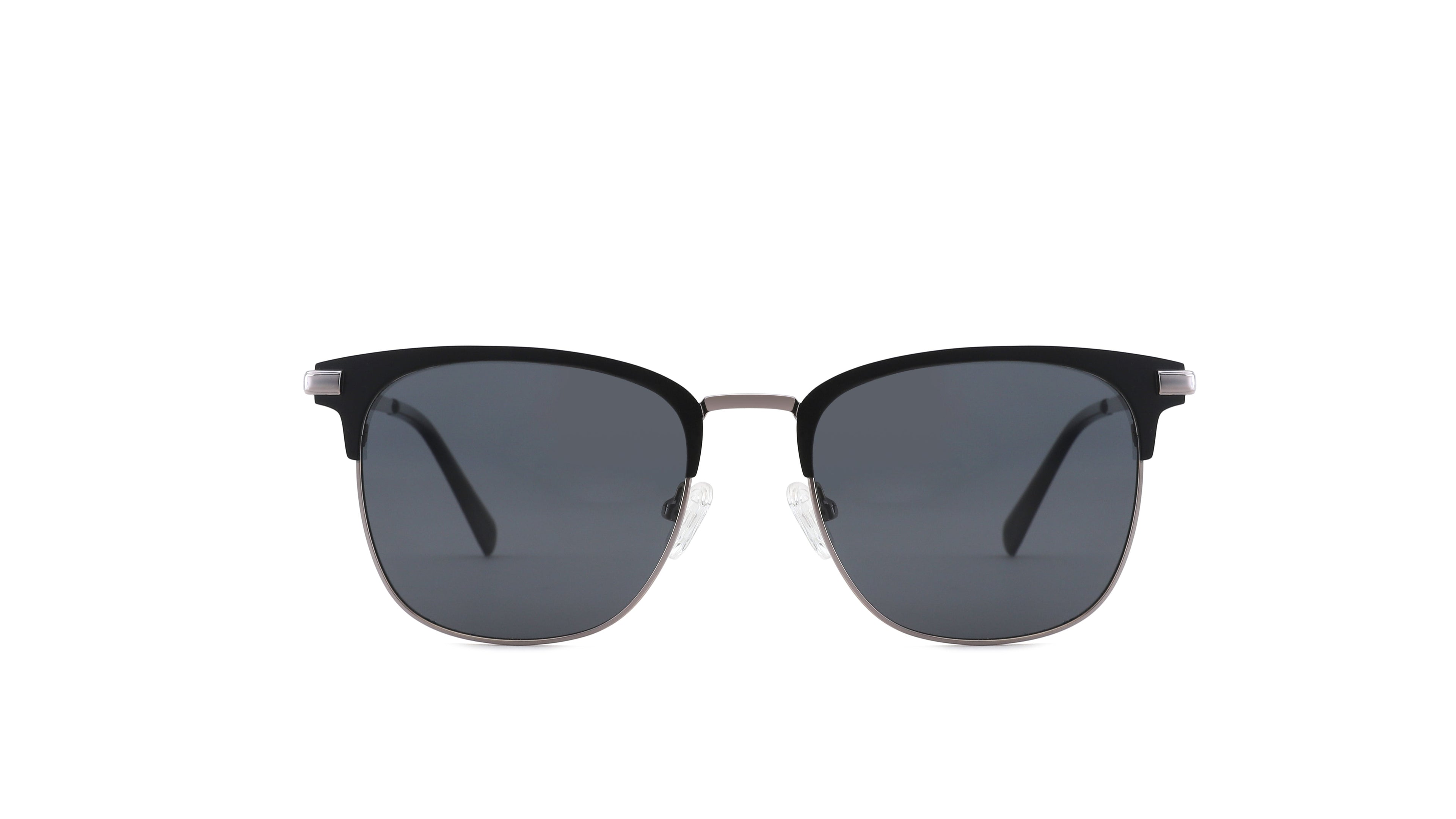 A pair of classic-style sunglasses with a black frame and dark gray lenses, shown against a plain white background.