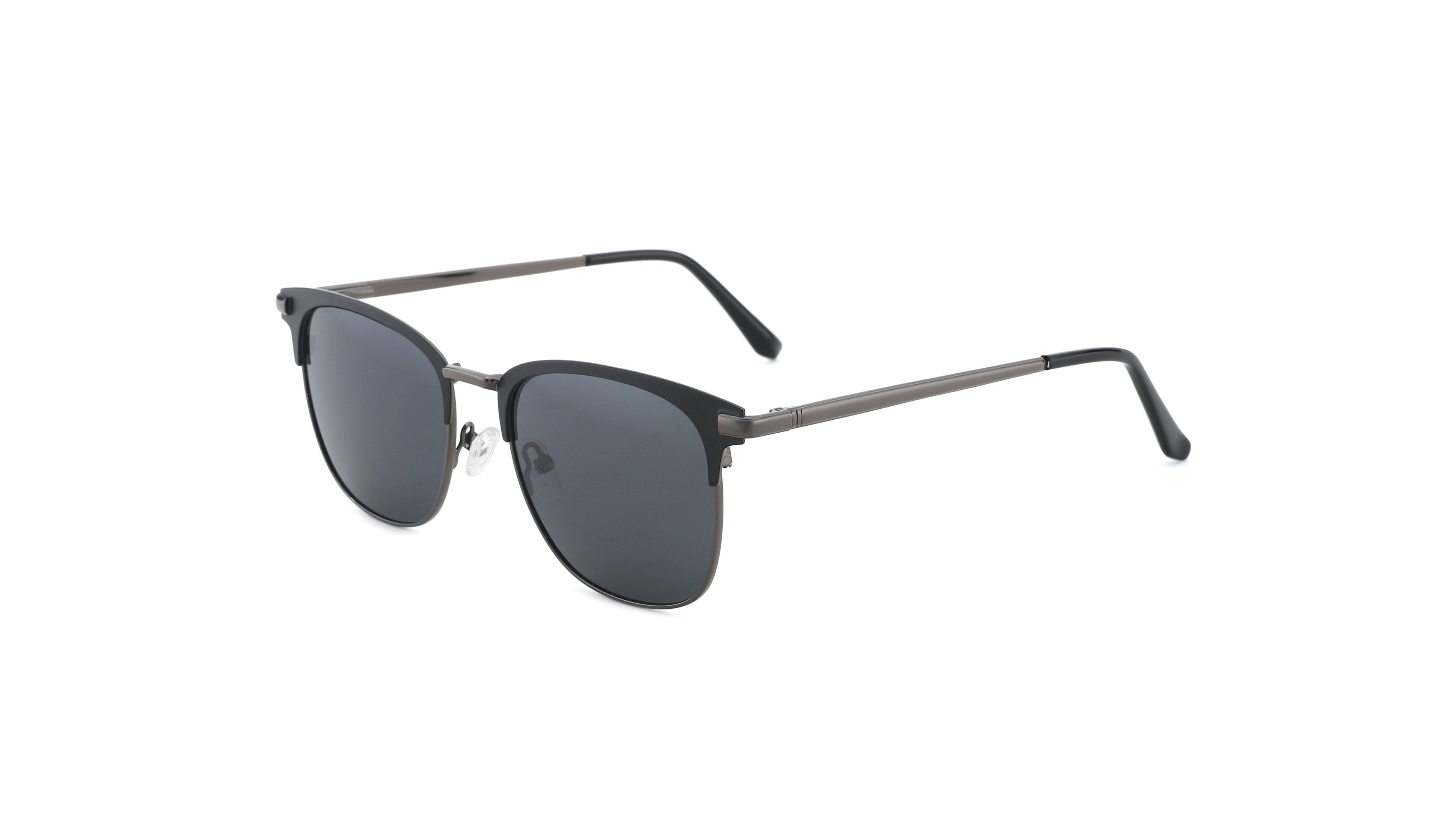 A pair of classic-style sunglasses with dark gray lenses and a thin dark gray metal frame, shown from a three-quarters angle on a solid white background.