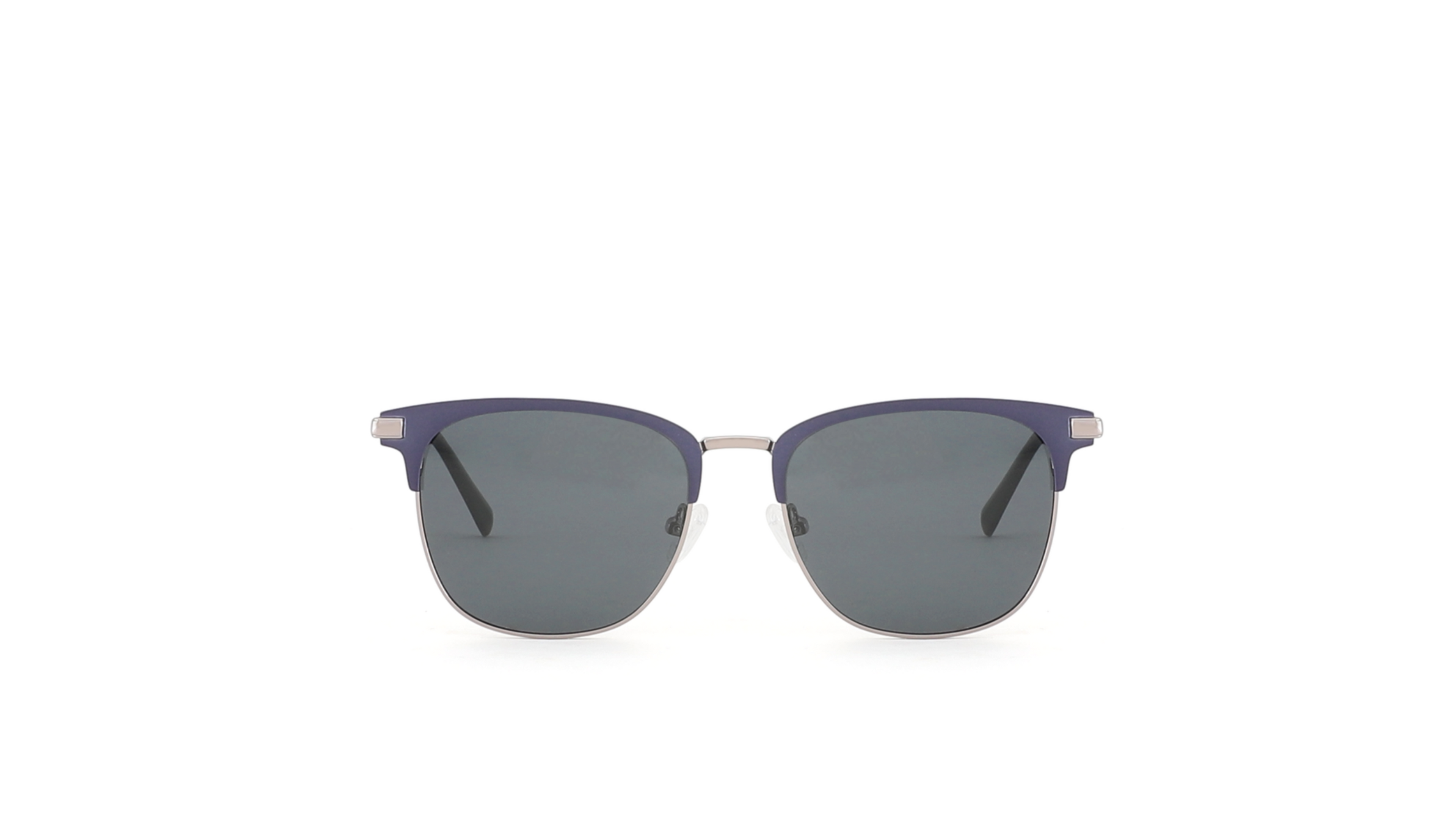 A pair of classic-style sunglasses with a translucent purple frame and dark gray lenses, centered on a solid white background.