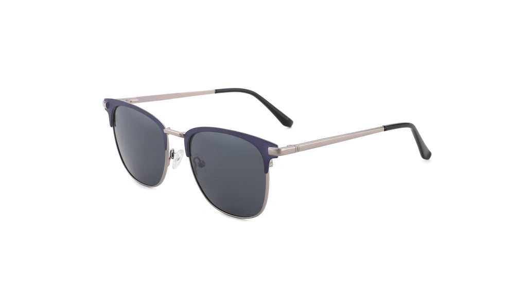 A pair of sunglasses with dark gray lenses, a dark blue acetate frame, and silver metal temples, shown on a plain white background.