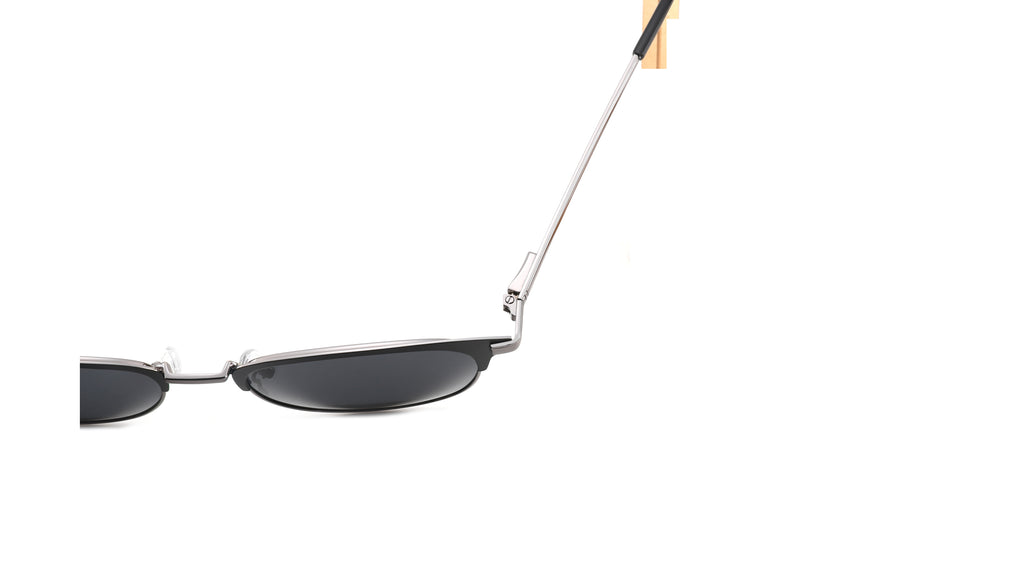 Close-up of a pair of sunglasses with dark lenses and a silver metal frame, showing one temple arm against a plain white background.