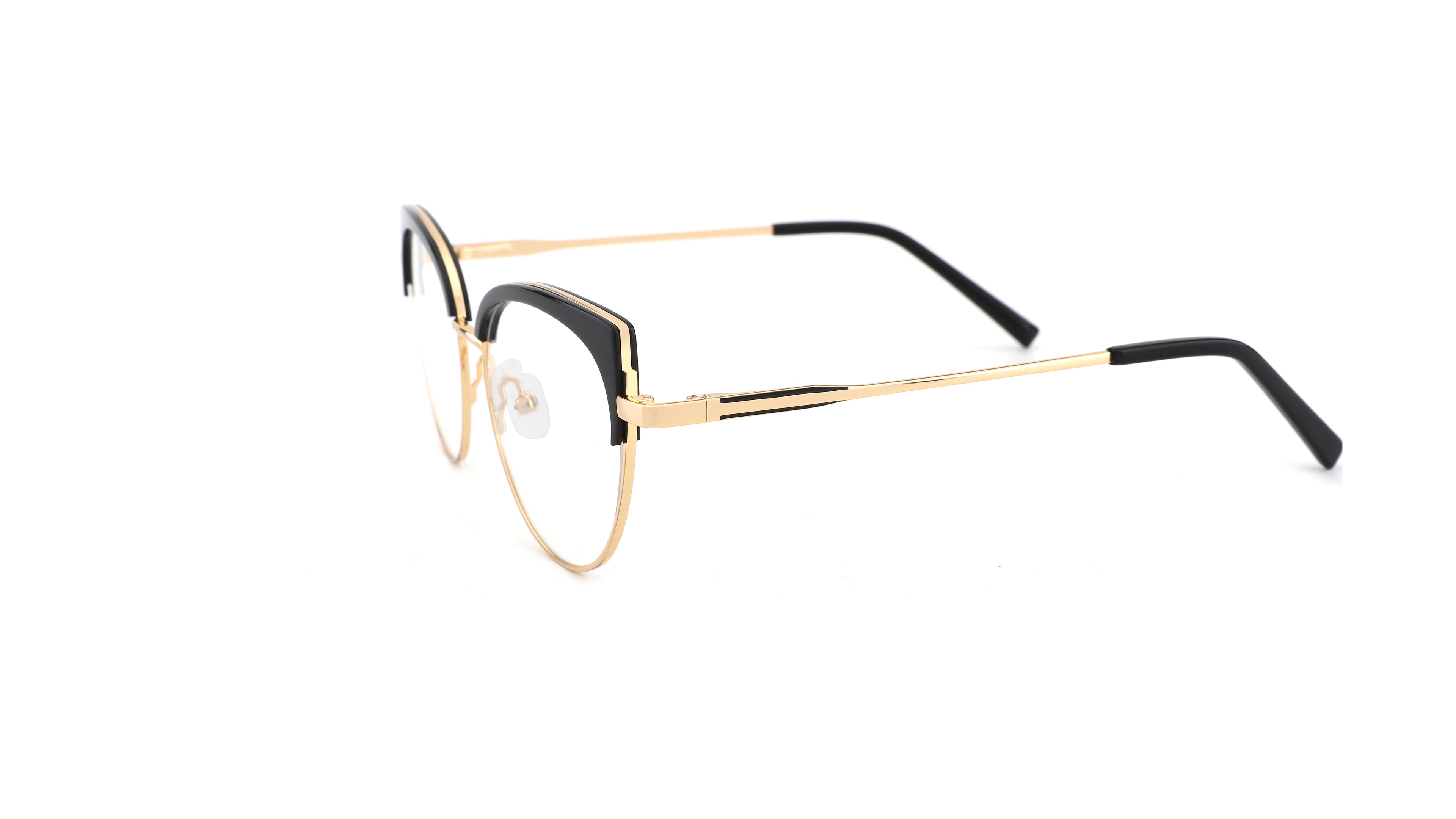 A pair of cat-eye style eyeglasses featuring a gold metal frame with black acetate detailing around the lenses and black temple tips, shown on a plain white background.