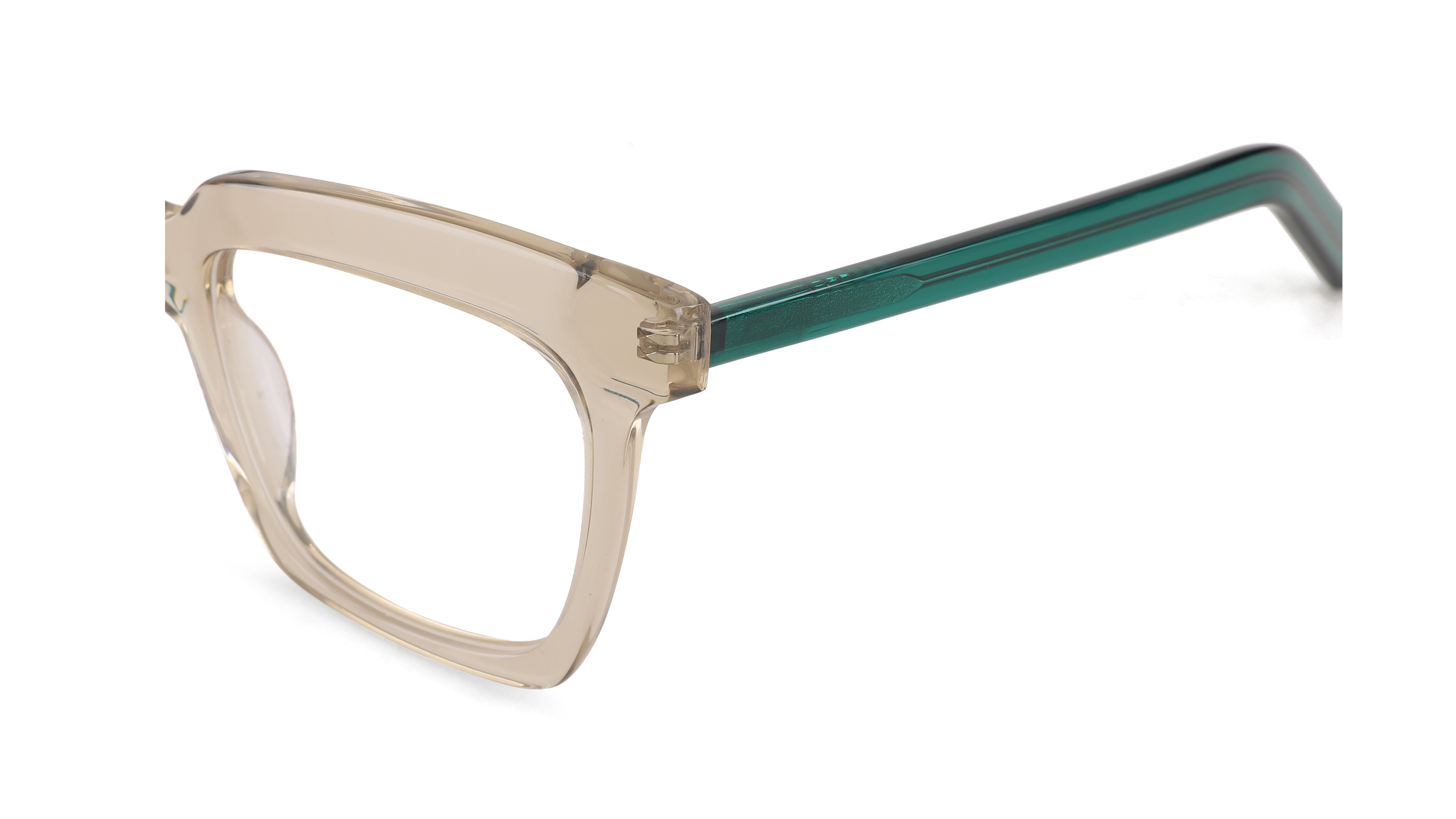 Faux square eyeglasses with a translucent beige acetate frame and a dark green temple arm, shown on a white background.