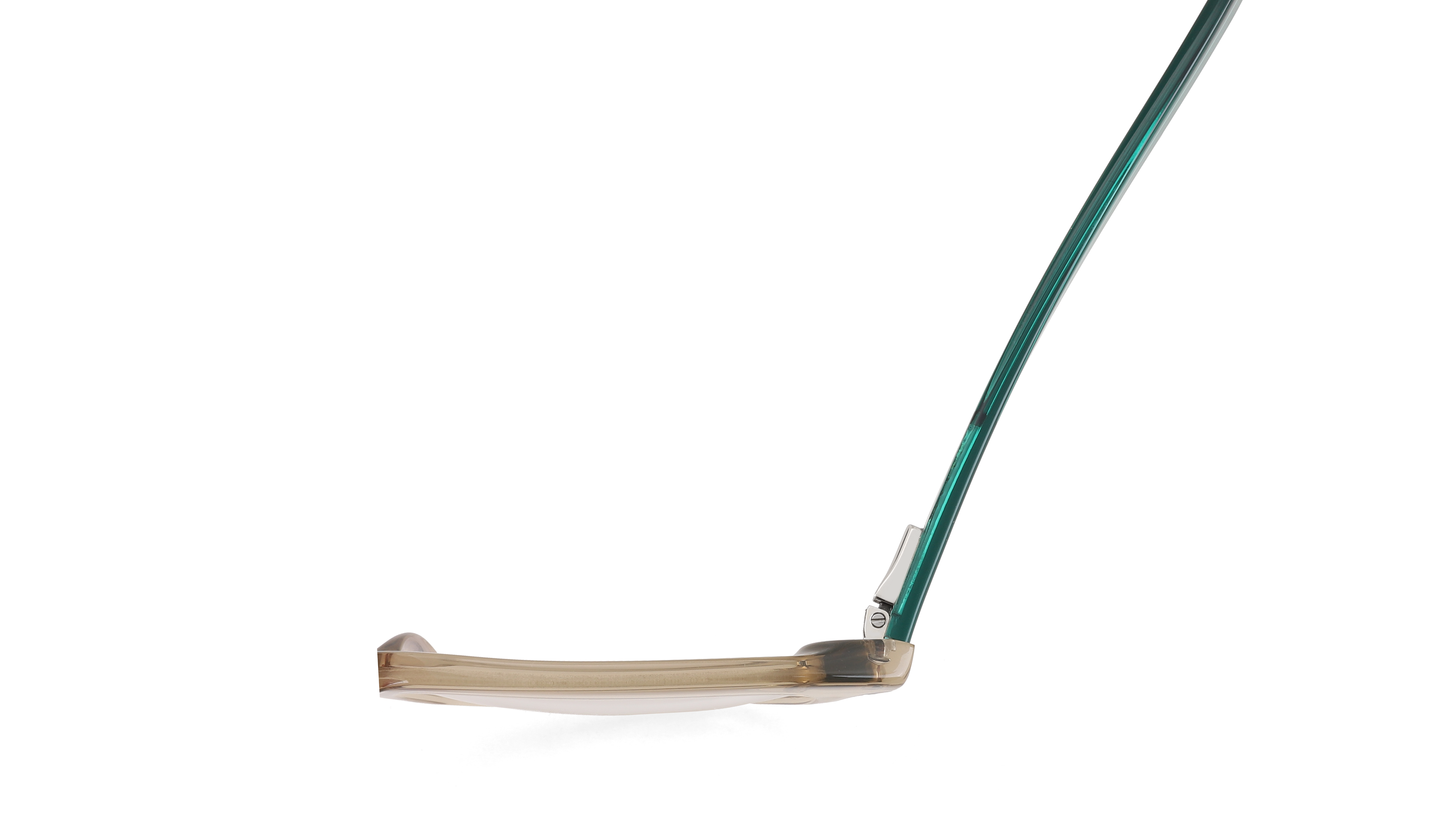 A close-up side view of eyeglasses showing a translucent beige acetate frame with a thin green temple arm against a white background.