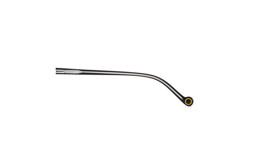 A single black metal eyeglass arm with a gold-colored tip, shown against a plain white background.