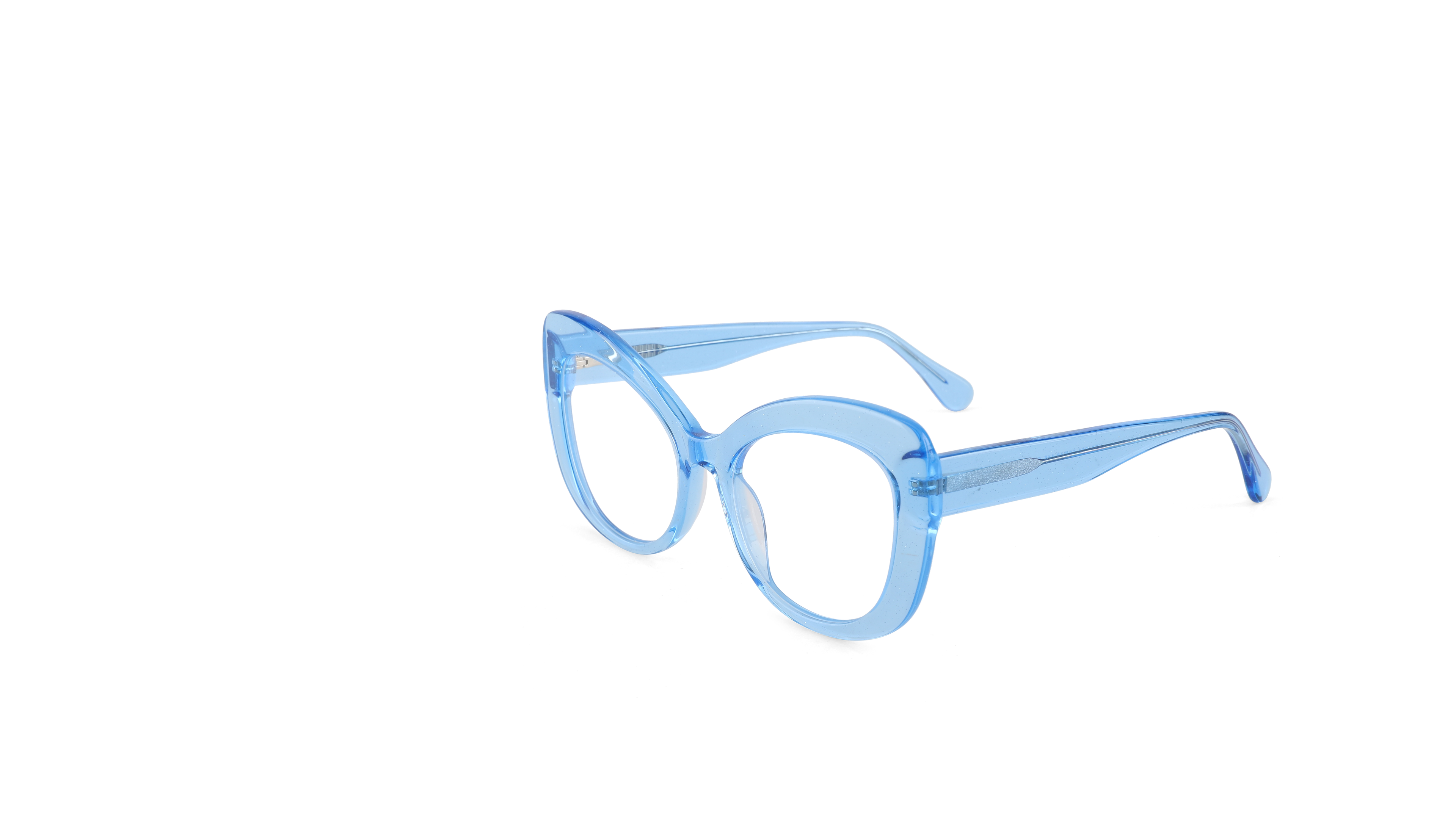 Light blue translucent cat-eye eyeglasses on a solid white background.