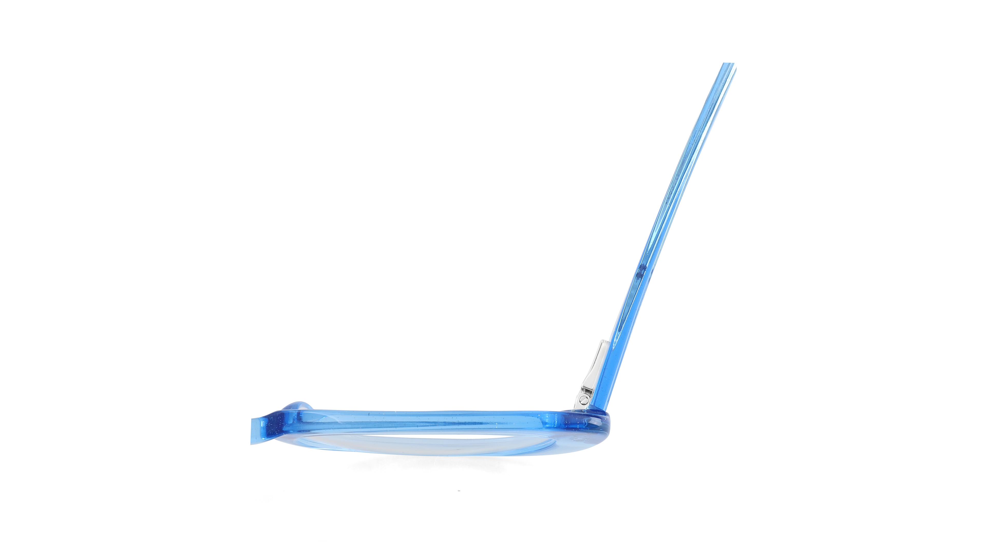 A pair of translucent light blue acetate sunglasses frames shown in a side profile view on a solid white background.