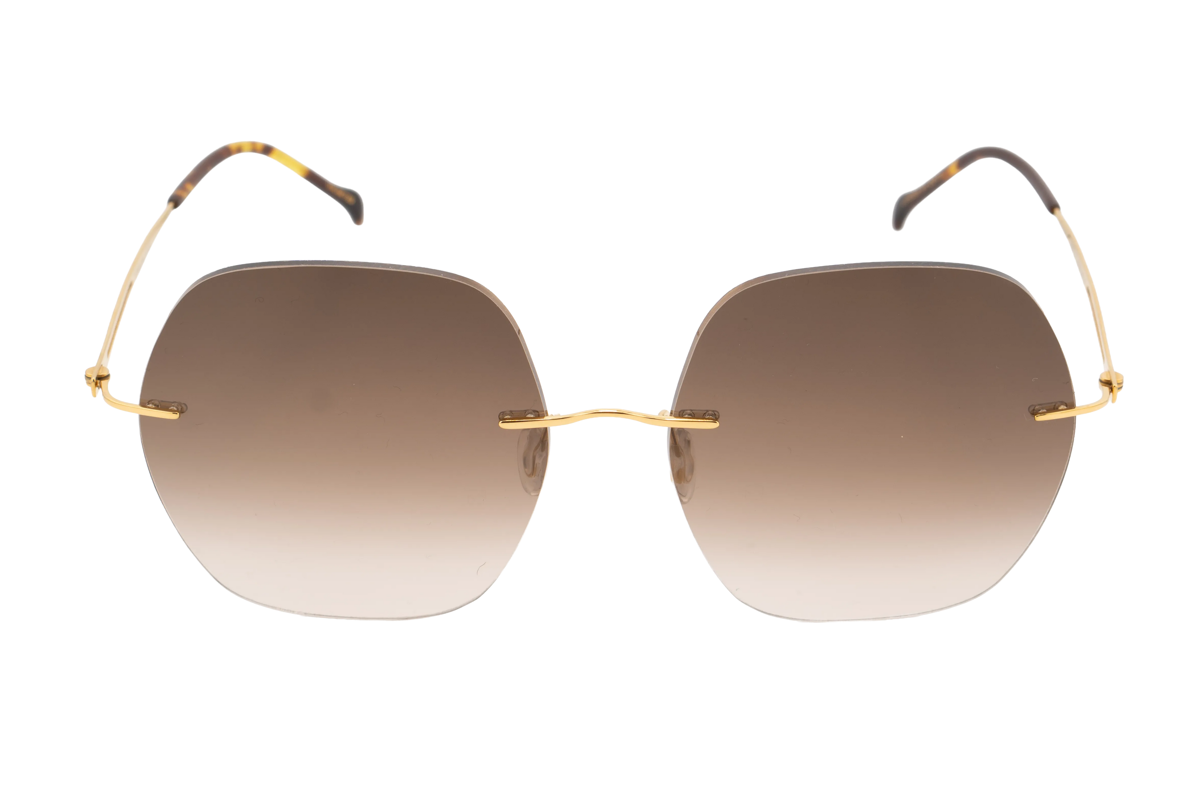 Sunglasses with gold frame and gradient lenses on a white background