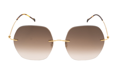 Sunglasses with gold frame and gradient lenses on a white background