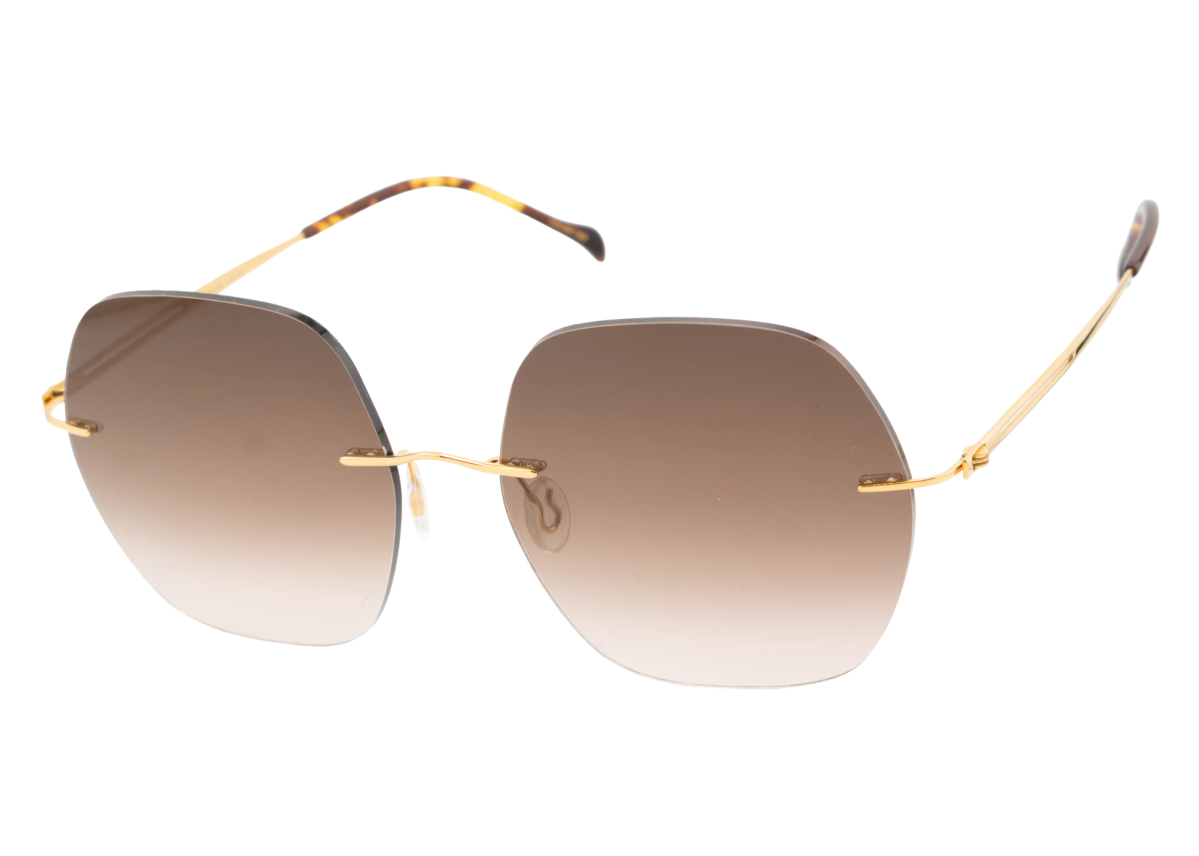 Sunglasses with gold frame and gradient lenses on a white background