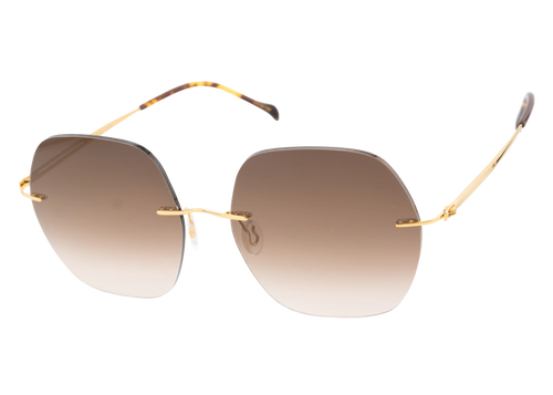 Sunglasses with gold frame and gradient lenses on a white background