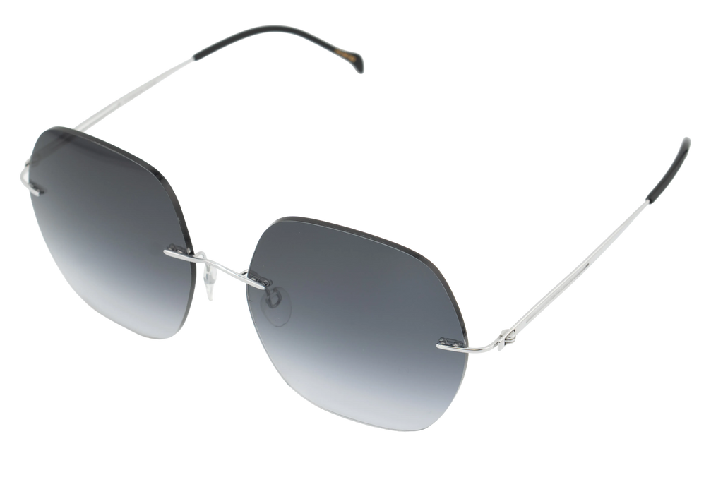 Sunglasses with gradient lenses and thin metal frame on a white background