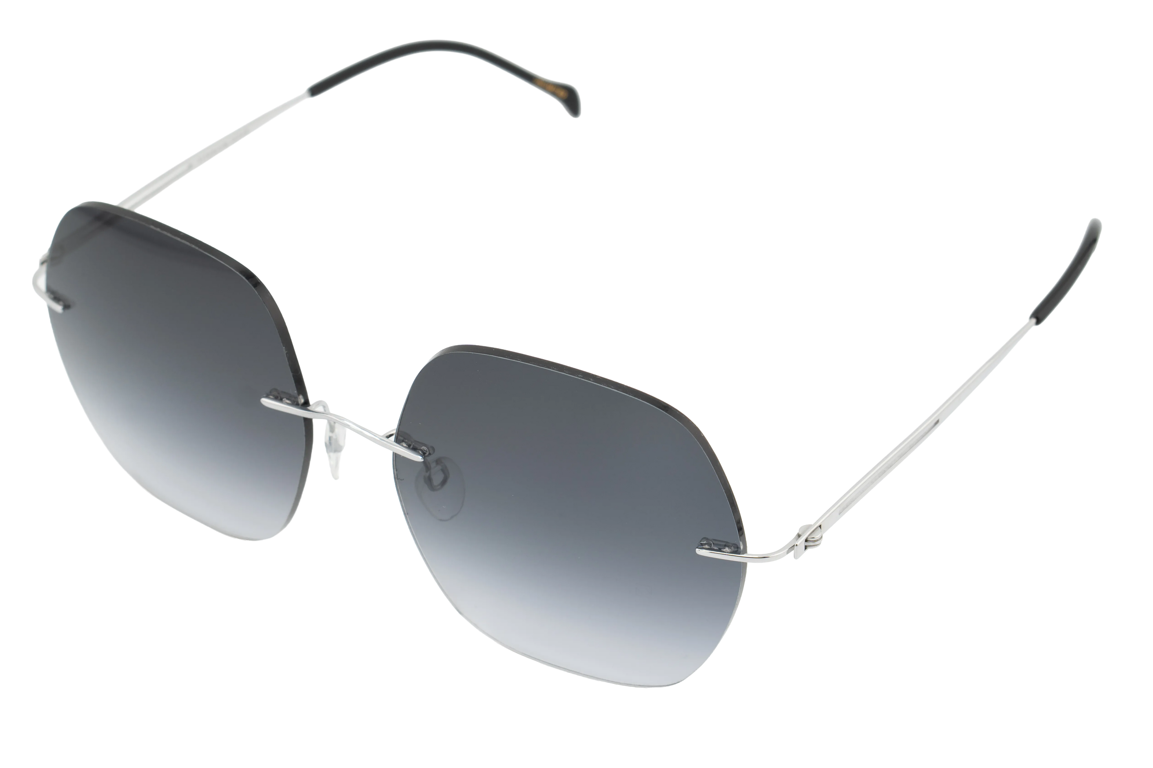 Sunglasses with gradient lenses and thin metal frame on a white background